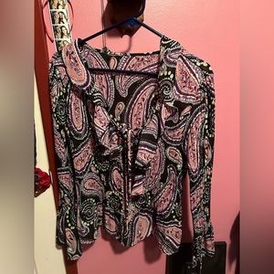 Paisley blouse, black, pink, green, purple, and white